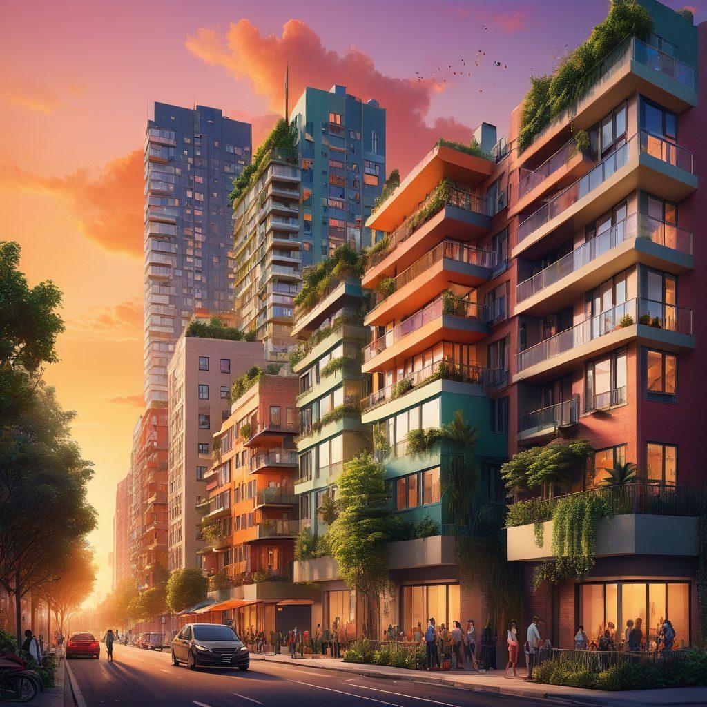 A modern urban skyline showcasing a variety of residential properties, from high-rise apartments to cozy townhouses, intertwined with lush greenery. Bright market trend graphs overlaying the buildings, featuring upward arrows to symbolize growth. A diverse group of people interacting and exploring the neighborhood, conveying a sense of community and activity. The sky is a soft gradient of sunset colors, adding warmth to the scene. super-realistic. vibrant colors. dynamic composition.