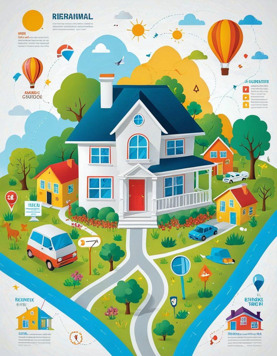 A detailed map filled with colorful pathways leading to various house icons, representing different rental options. Include a magnifying glass focusing on a highlighted house, symbolizing the pursuit of the perfect home. Surround the map with helpful tips and icons like dollar signs, checklist markers, and friendly agents. The overall scene should be vibrant and inviting, encouraging exploration of the rental process. vector art. vibrant colors. white background.