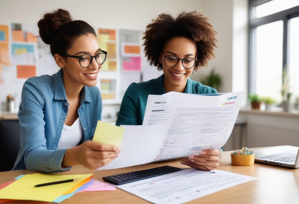 A young tenant reviewing a colorful lease agreement document with a magnifying glass, surrounded by essential tips written on sticky notes in vibrant colors. A friendly landlord character is giving advice in the background, and a laptop with a lease calculator is visible on the table. The setting is bright and cheerful, symbolizing success in renting. super-realistic. vibrant colors. white background.